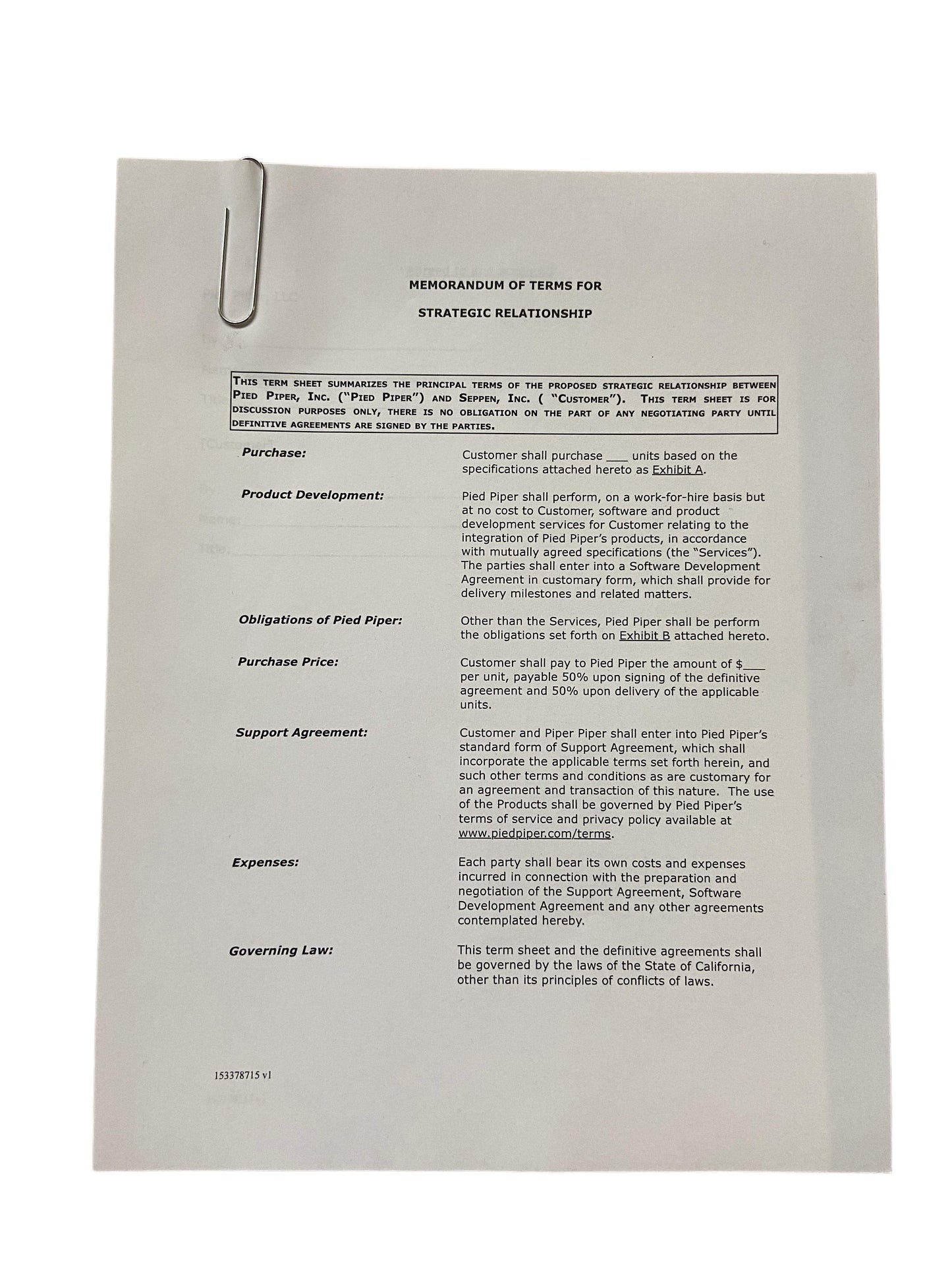 SILICON VALLEY: Pied Piper and Seppen Inc. Terms from Strategic Relationship Contract