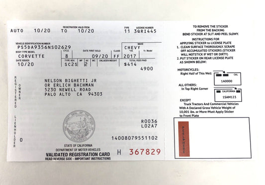 SILICON VALLEY: Big Head's Corvette Registration