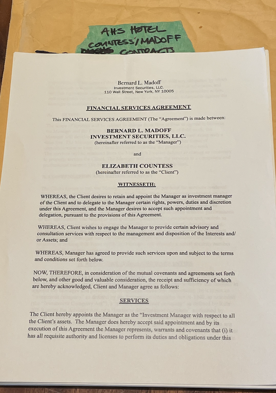 Horror Story Hotel: Elizabeth Countess' Contract w/ Fraudster Bernie Madoff