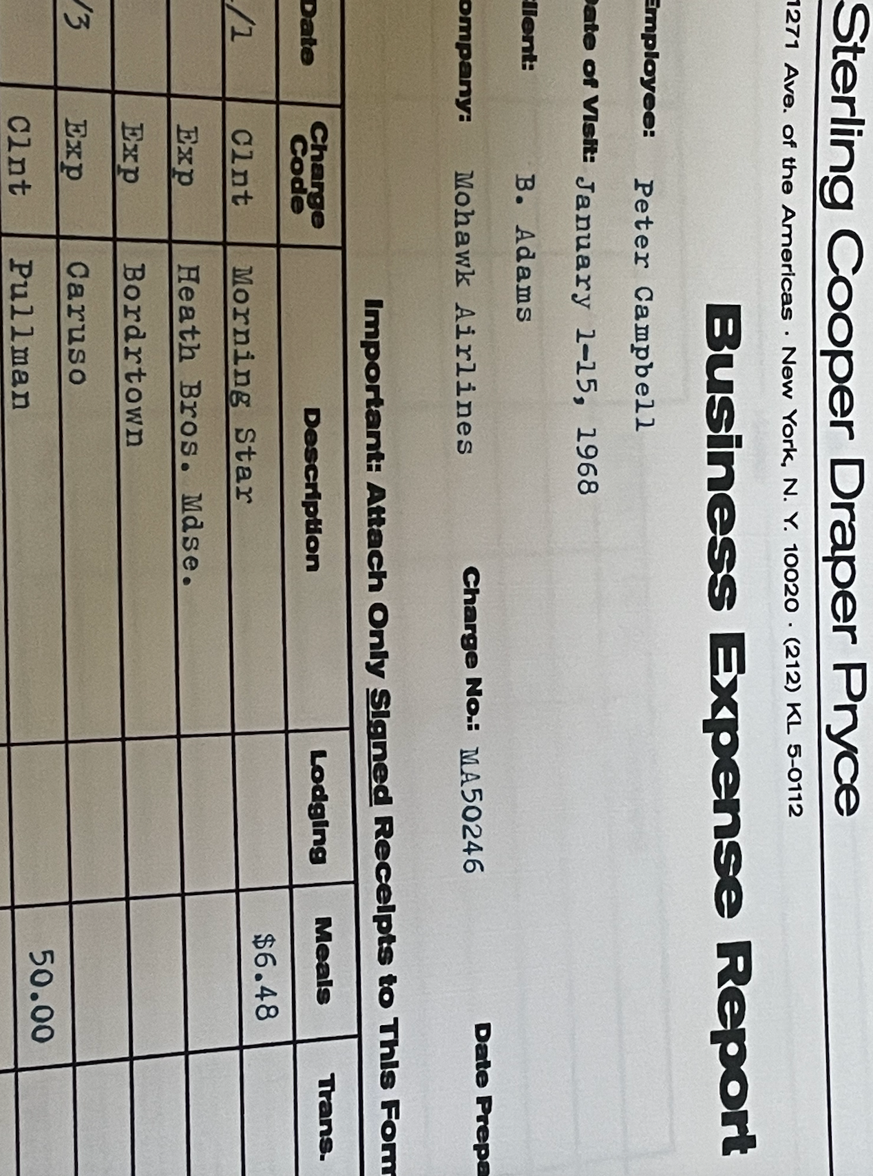 Mad Men: Pete's Travel Expense Report