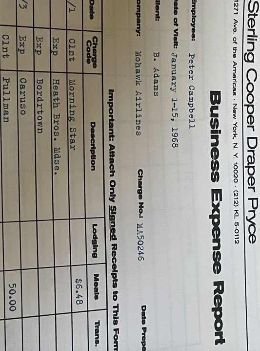 Mad Men: Pete's Travel Expense Report