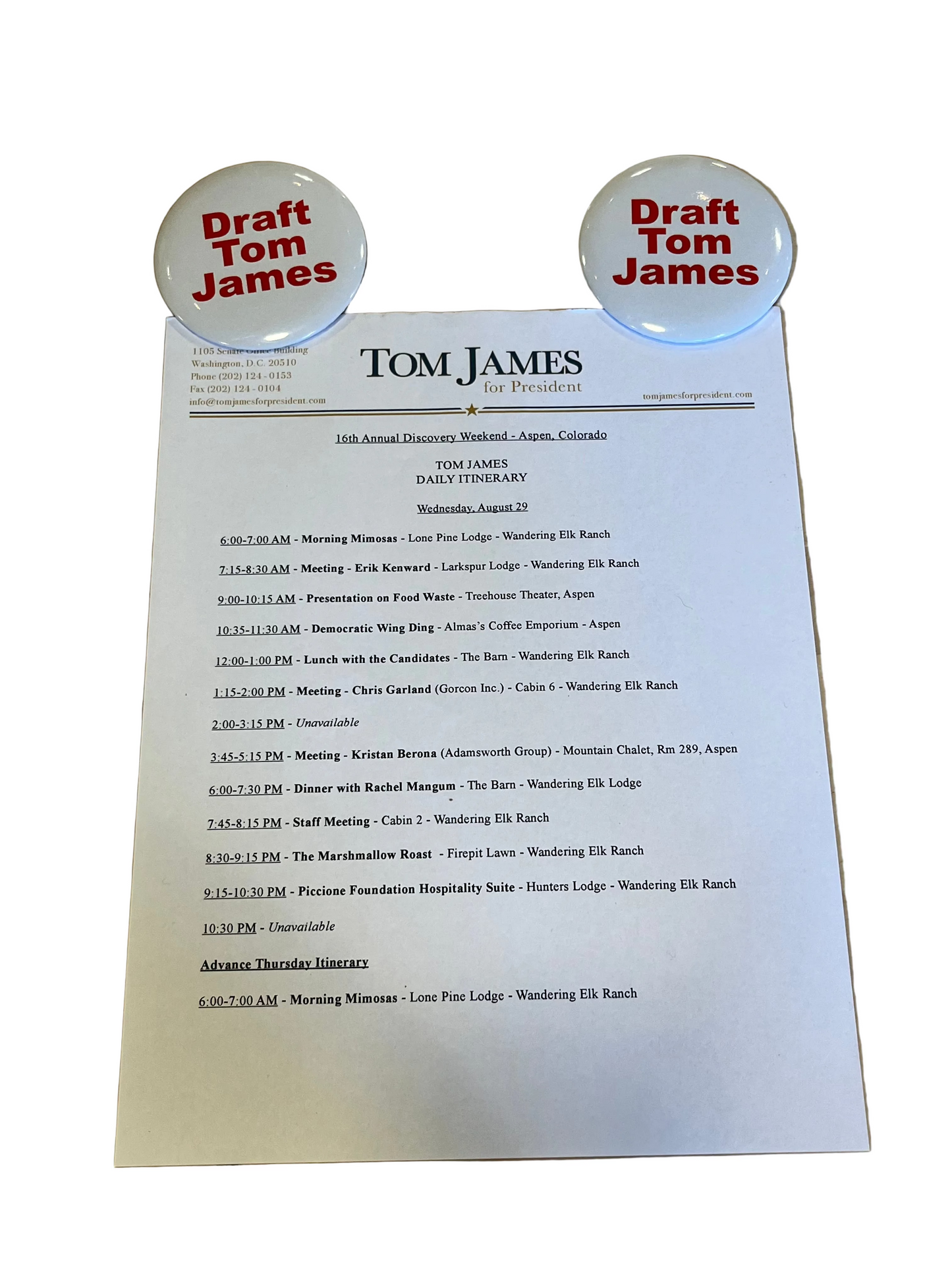 VEEP: Tom James’ Discovery Week Agenda and Pins