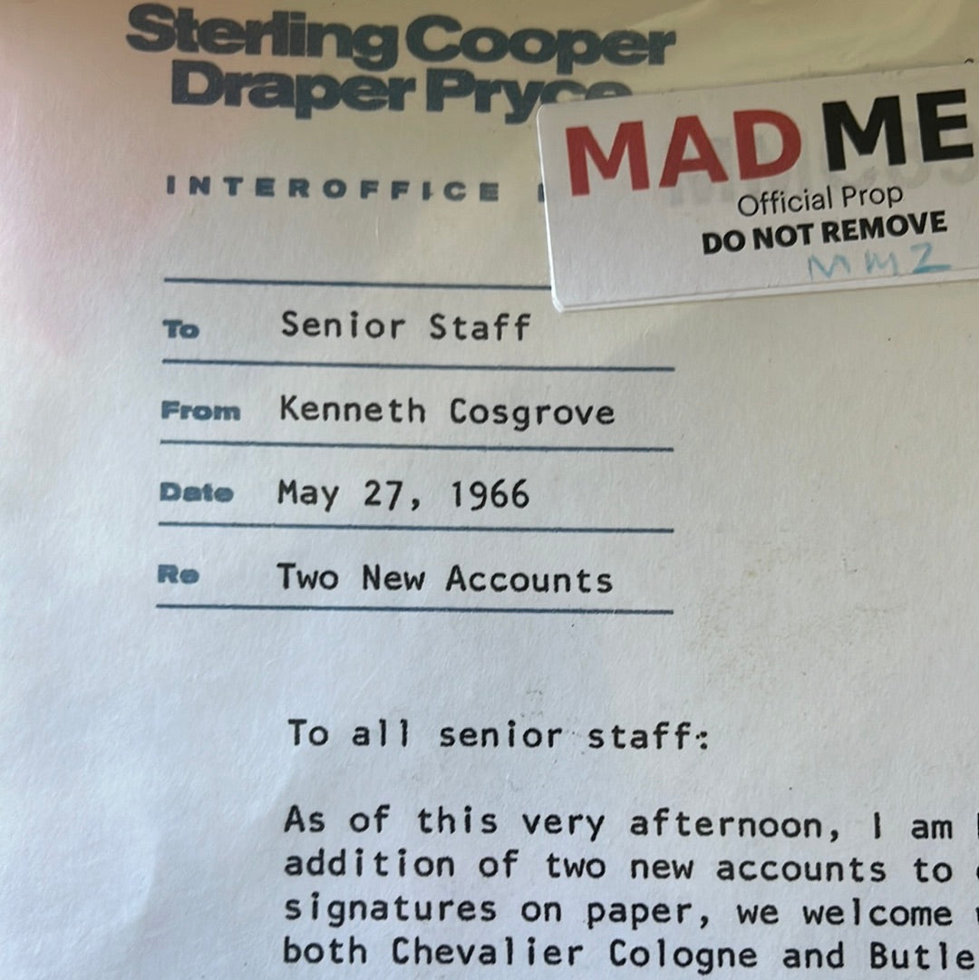 MAD MEN: Ken Cosgrove's Sr Staff New Client Update Memo Regarding Chevalier Cologne + Butler Shoes