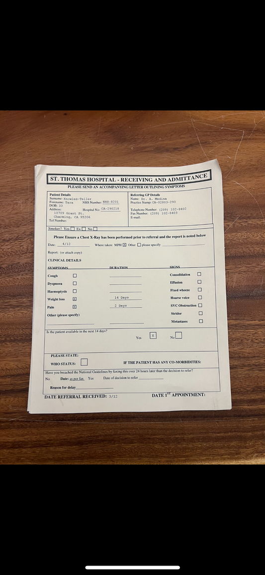 Sons Of Anarchy: Tara Knowles-Teller St Thomas Hospital Admittance Form