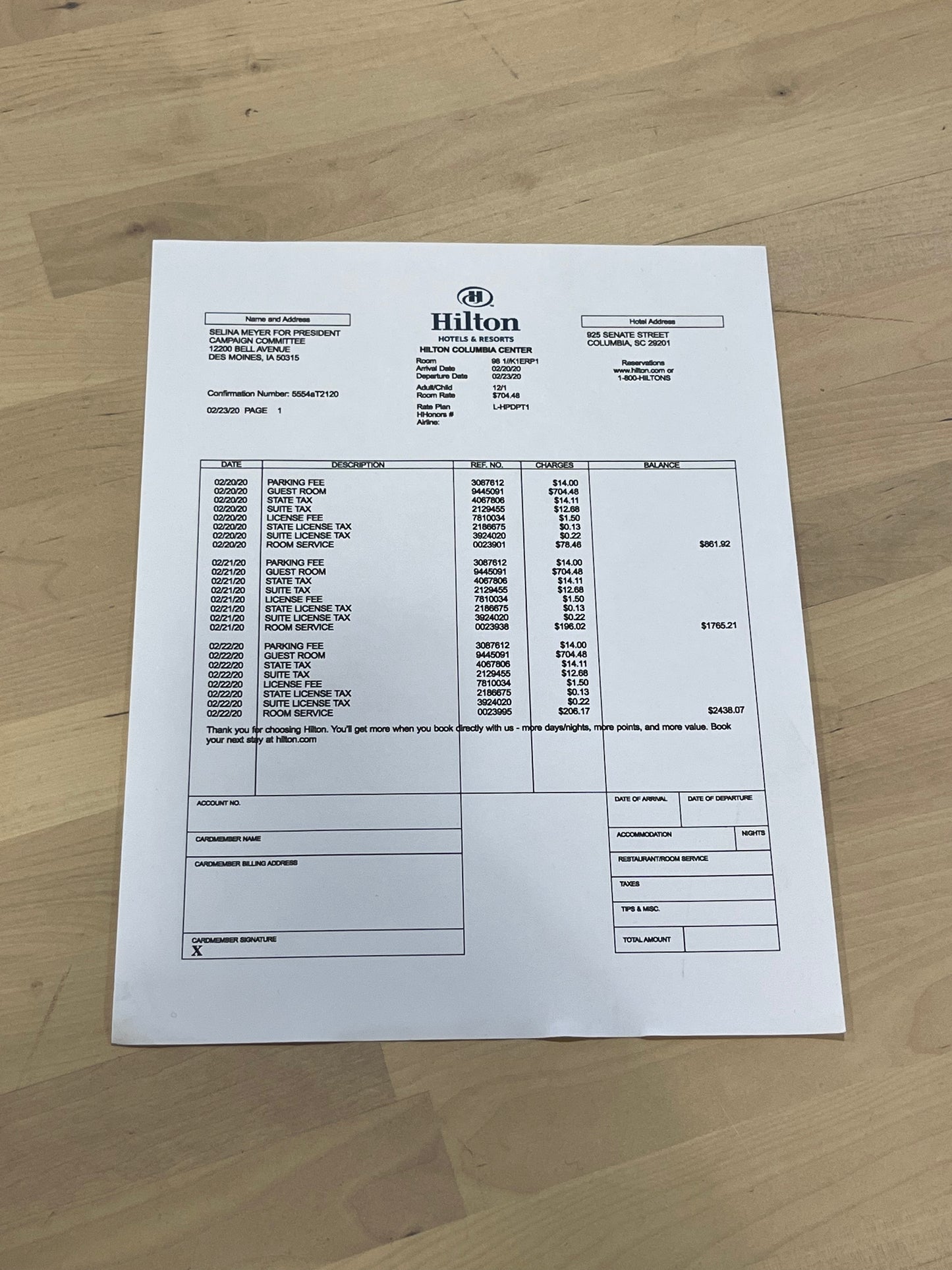 VEEP: Selina's Hilton Hotels and Resorts Detailed Bill