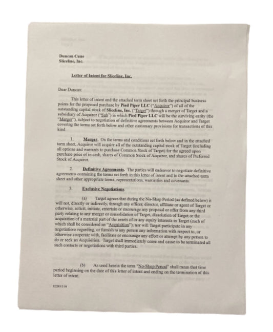 SILICON VALLEY: Letter of Intent for Sliceline from Pied Piper