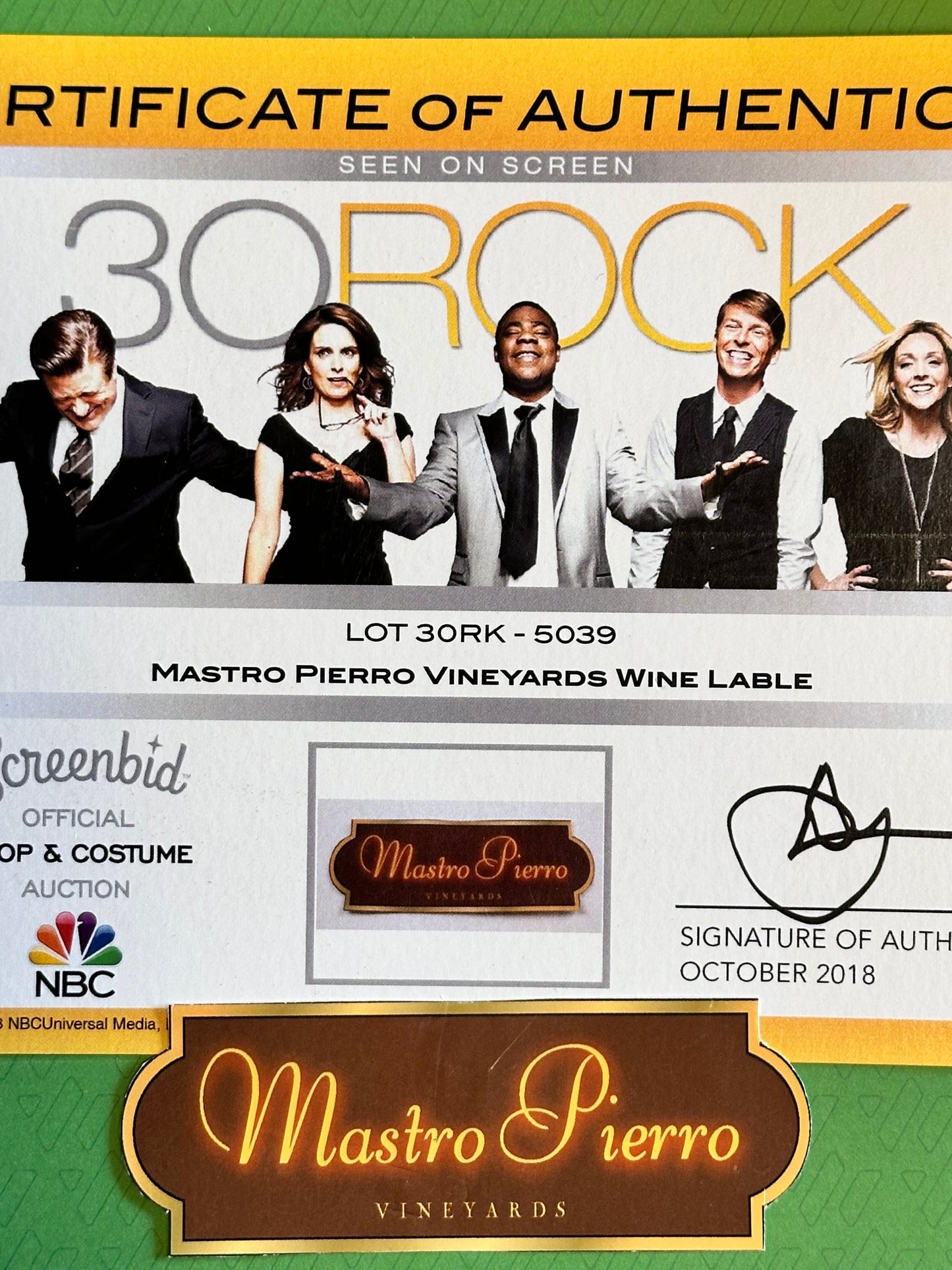 30 Rock: Mastro Pierro Vineyards Wine Lable