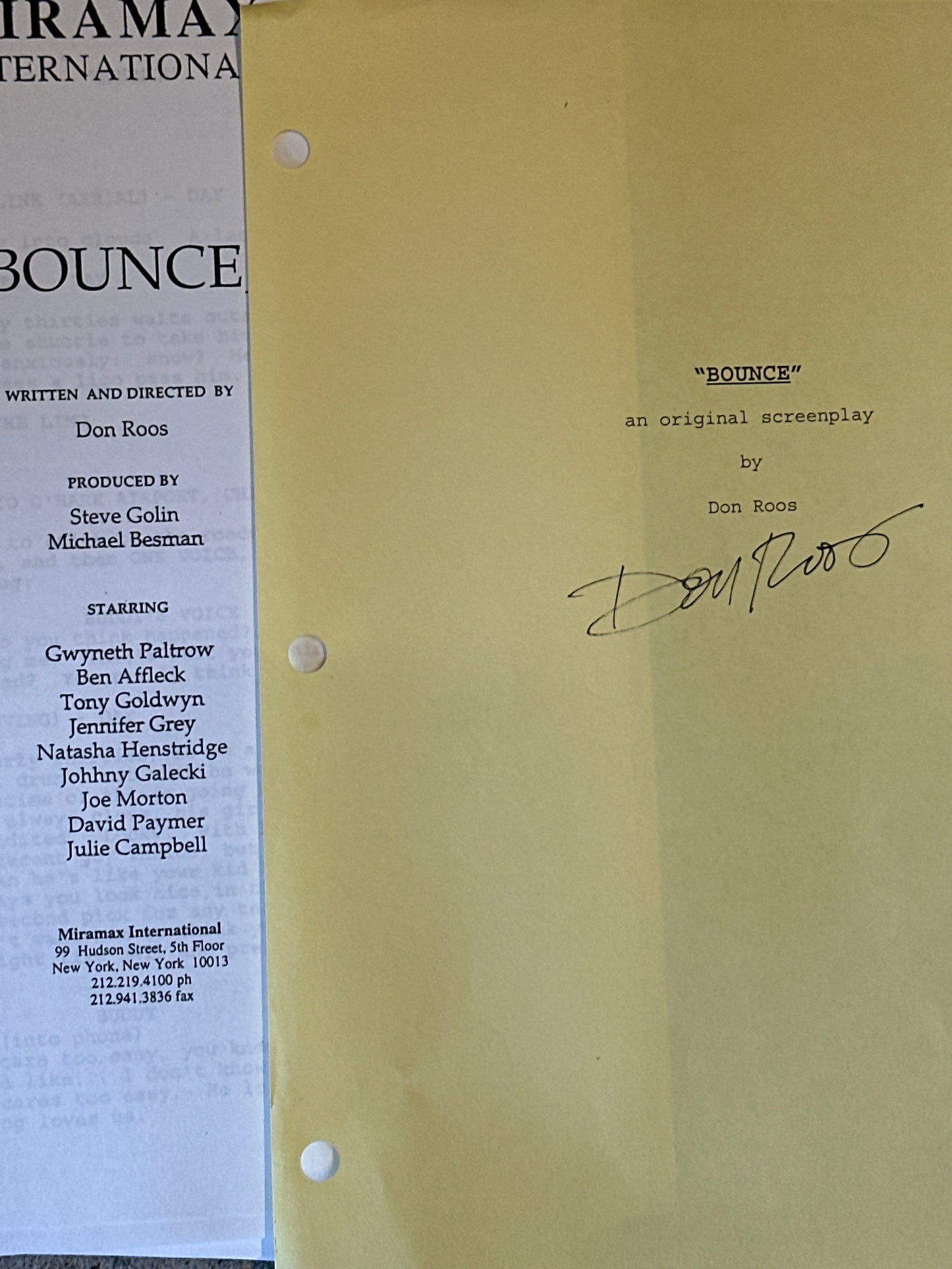 BOUNCE MOVIE: Director Signed Script from The MIRAMAX Archive