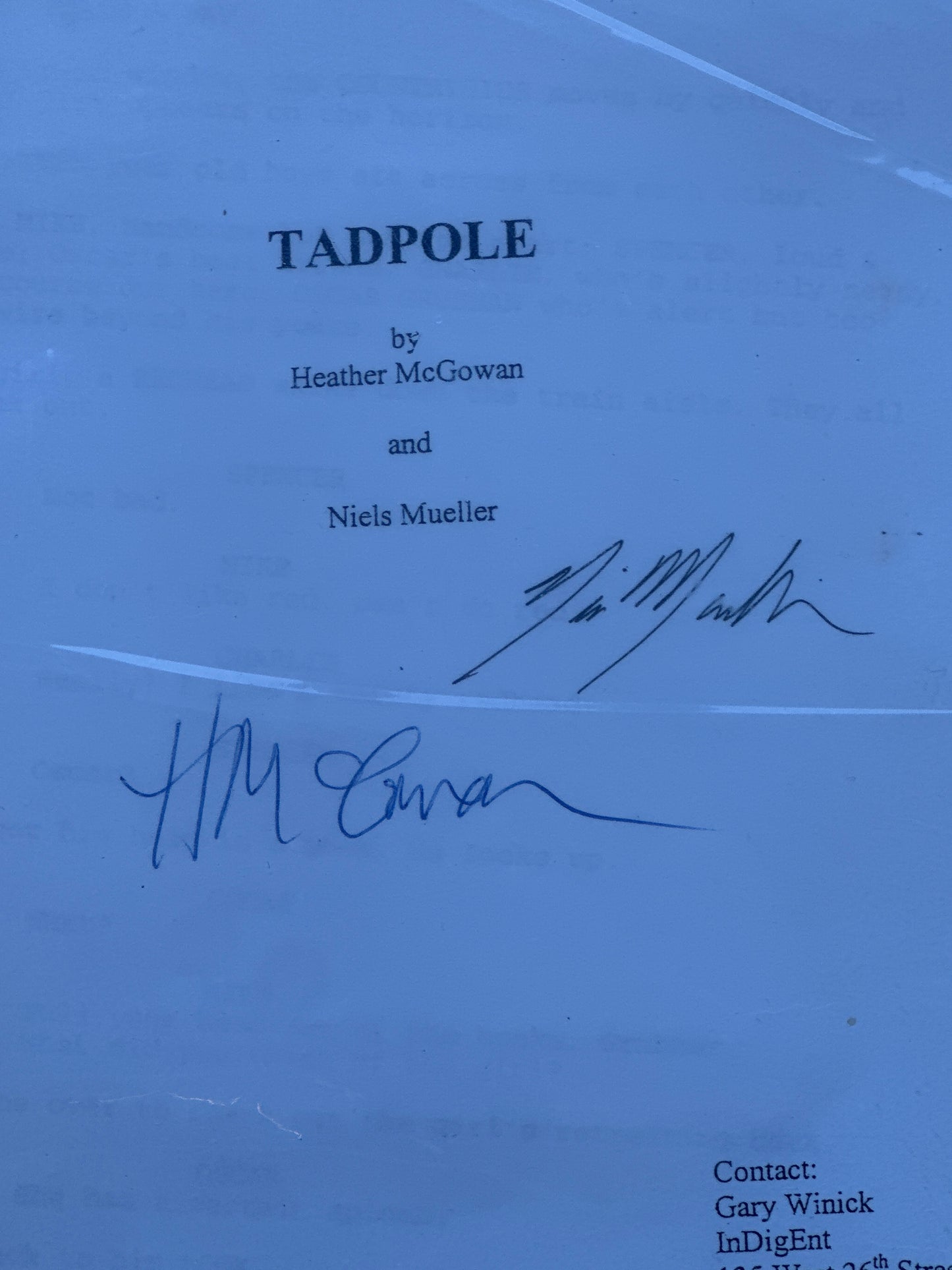 TADPOLE MOVIE: Directors Signed Script from The MIRAMAX Archive