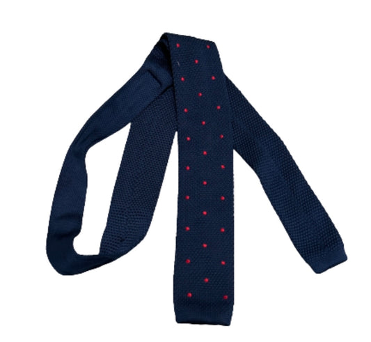 MAD MEN: Pete Campbell’s Vintage Red Dot Blue Knit Necktie and Business Card