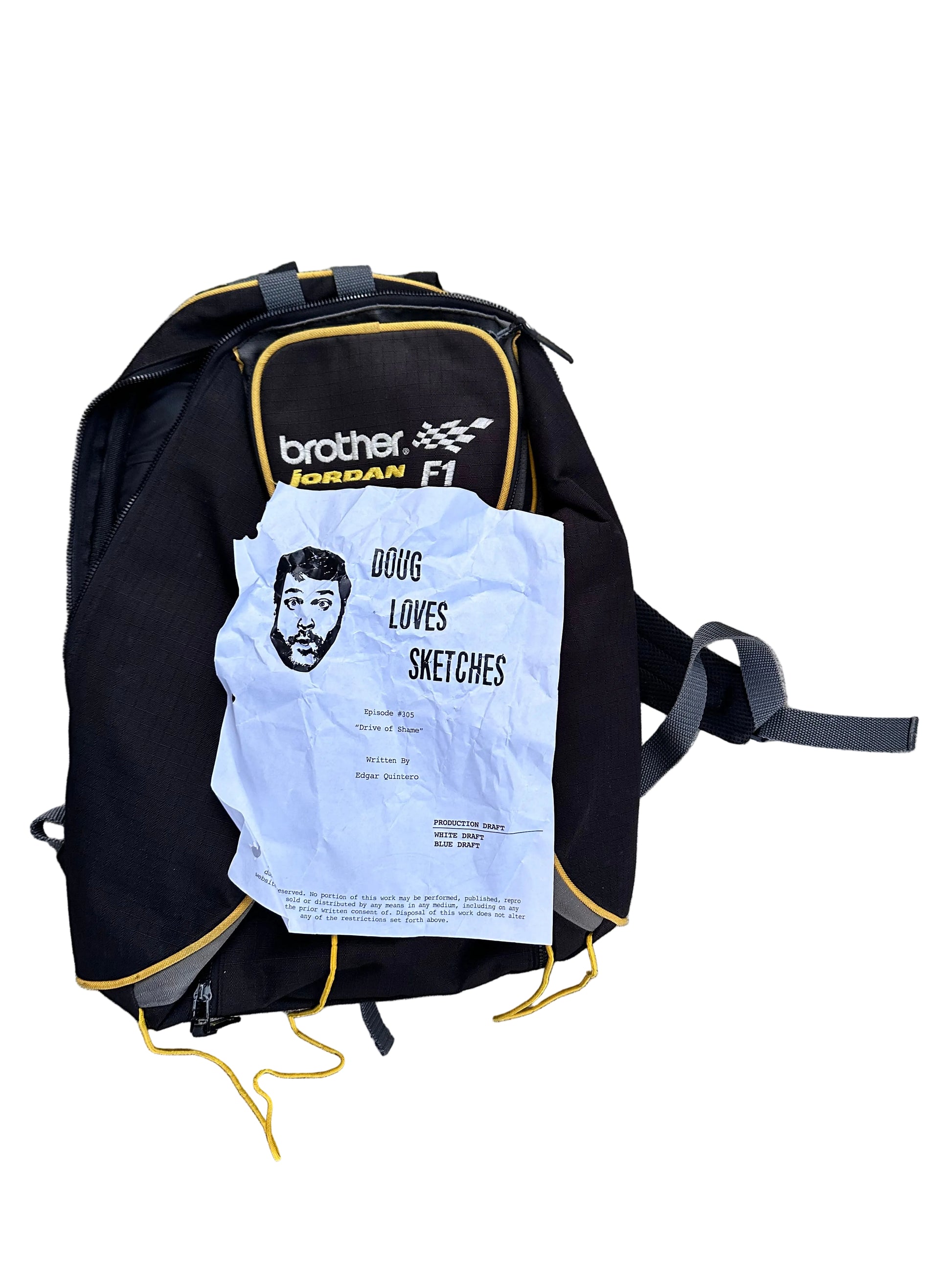 Edgar Backpack YOU'RE THE WORST: Edgar’s F1 Backpack and Script Page – HOLLYWOOD ...