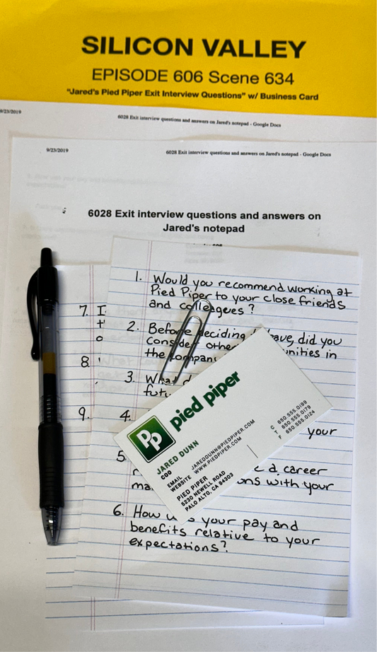 SILICON VALLEY: Jared’s Pied Piper Exit Interview Questions & Business Card