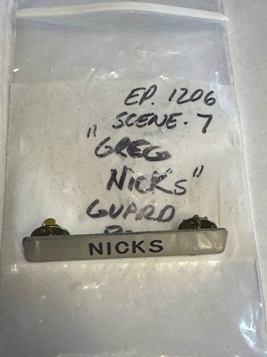 BONES: Ep. 1206 Sc. 7 HERO "Greg Nicks" Security Officer Uniform Nameplate