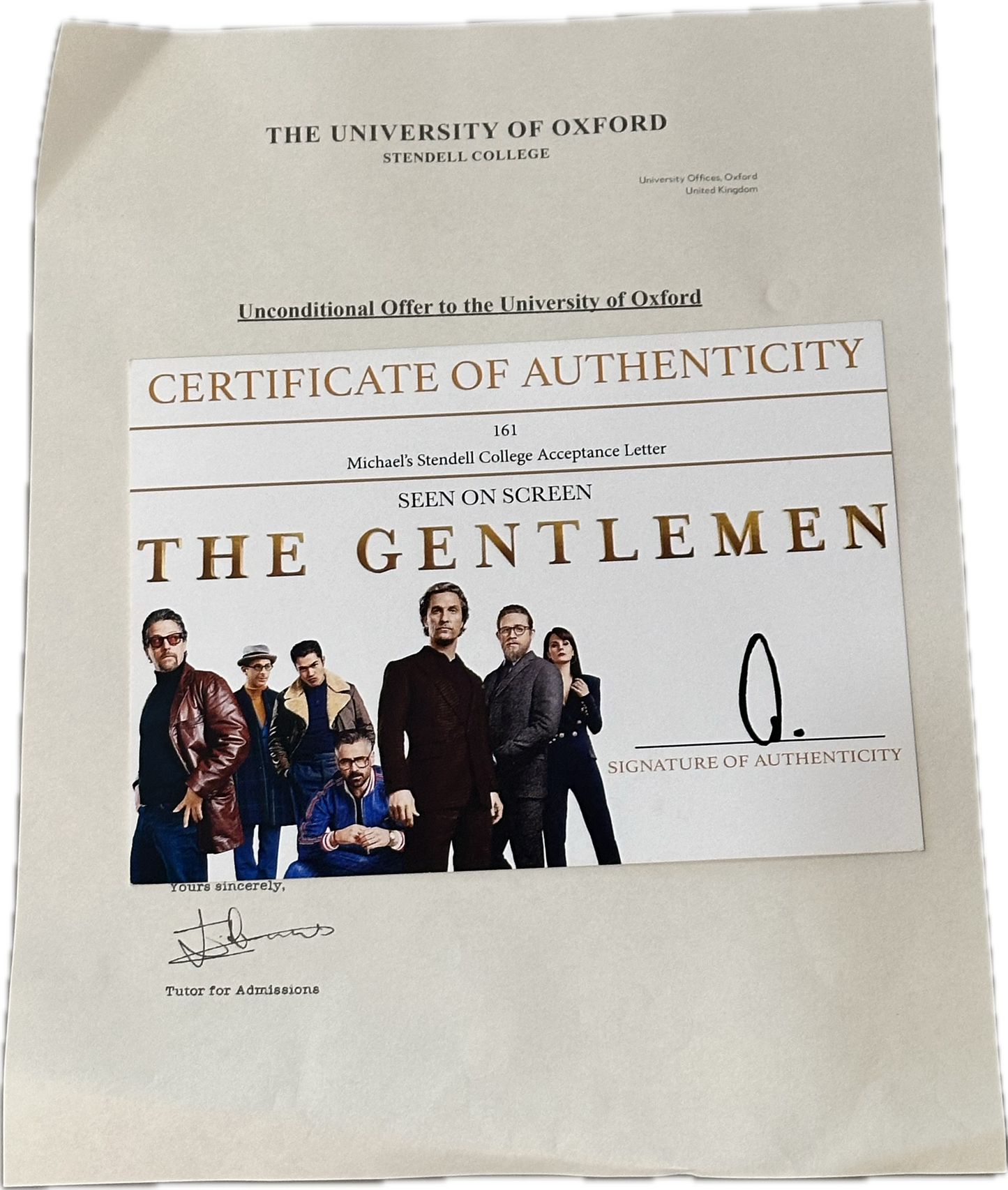 THE GENTLEMEN:Michael’s Oxford Acceptance Letter