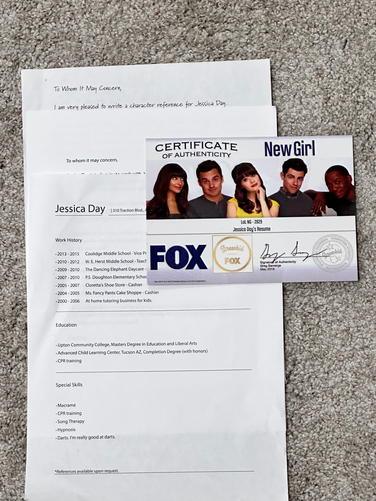 NEW GIRL: Jessica Day's Resume and Letters of Recommendation