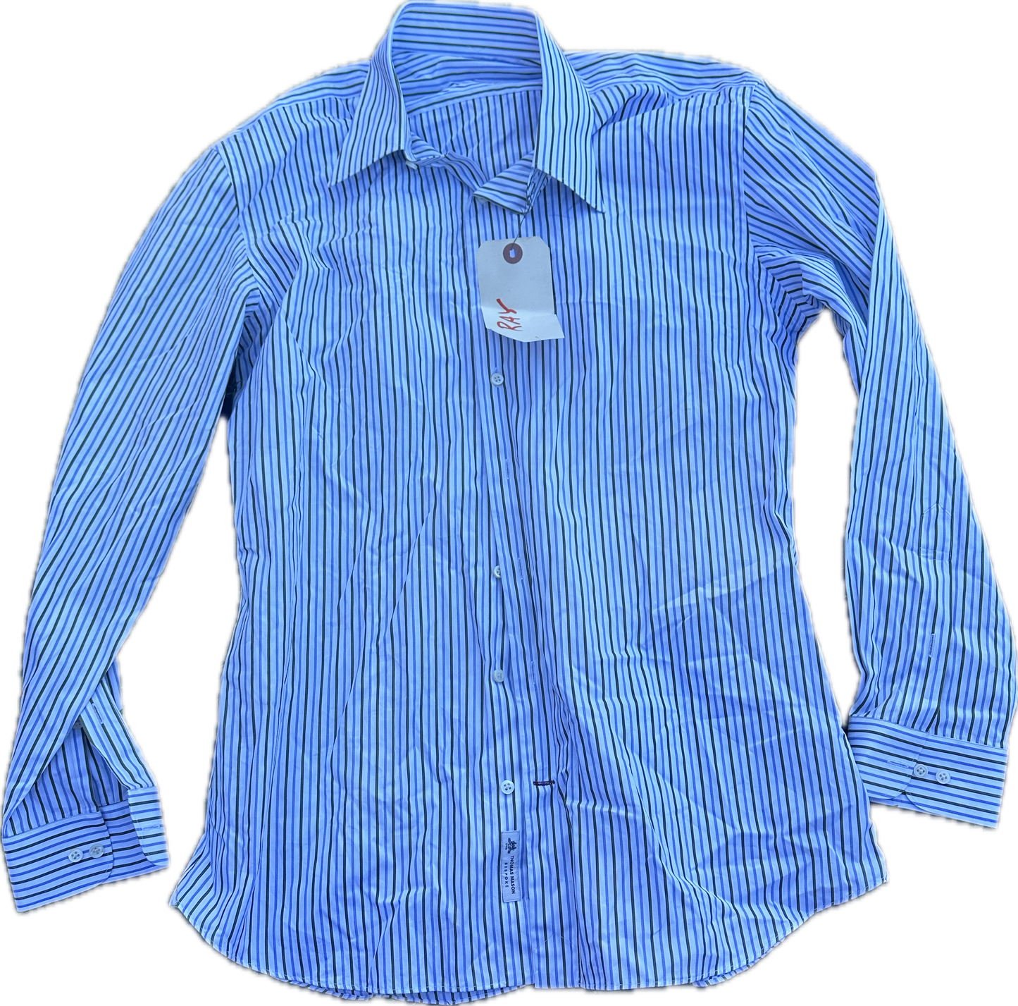 THE GENTLEMEN: Raymond’s HERO THOMAS MASON BESPOKE Green Blue and White Stripe Button-down Shirt