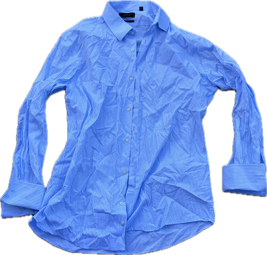 THE OFFICE: Andy’s BLOOMINGDALES blue and white stripe Button Up Long sleeve Shirt (L)