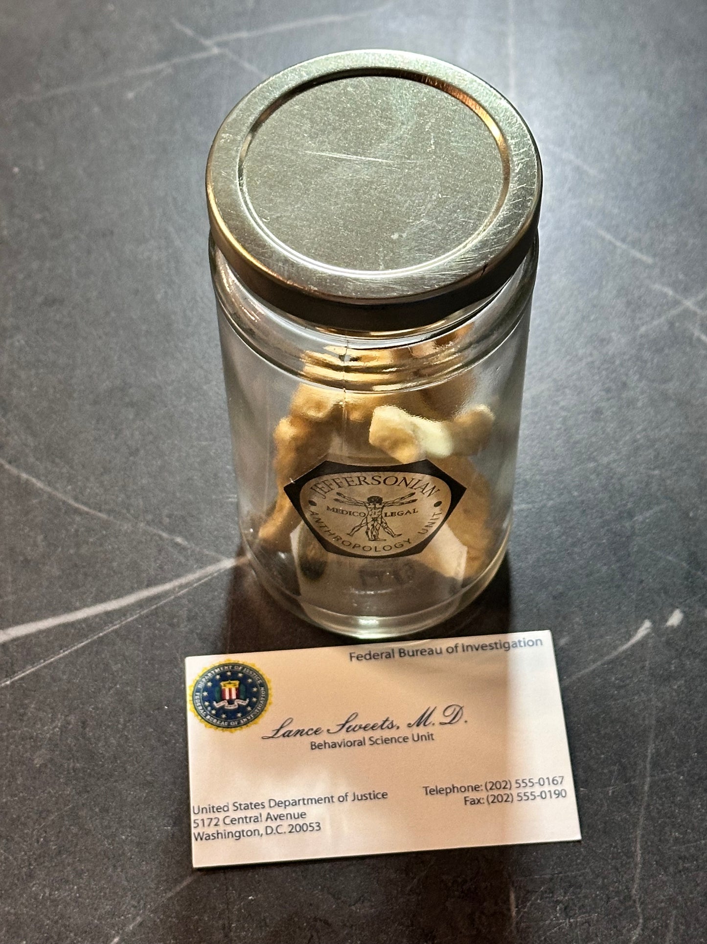 BONES: Dr Brennan's Bones Props with Evidence tag + Sweets’ business Card