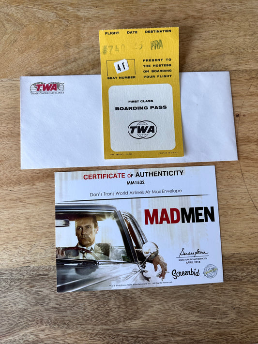 Mad Men: Don Draper's TWA Envelope and First Class Boarding Pass