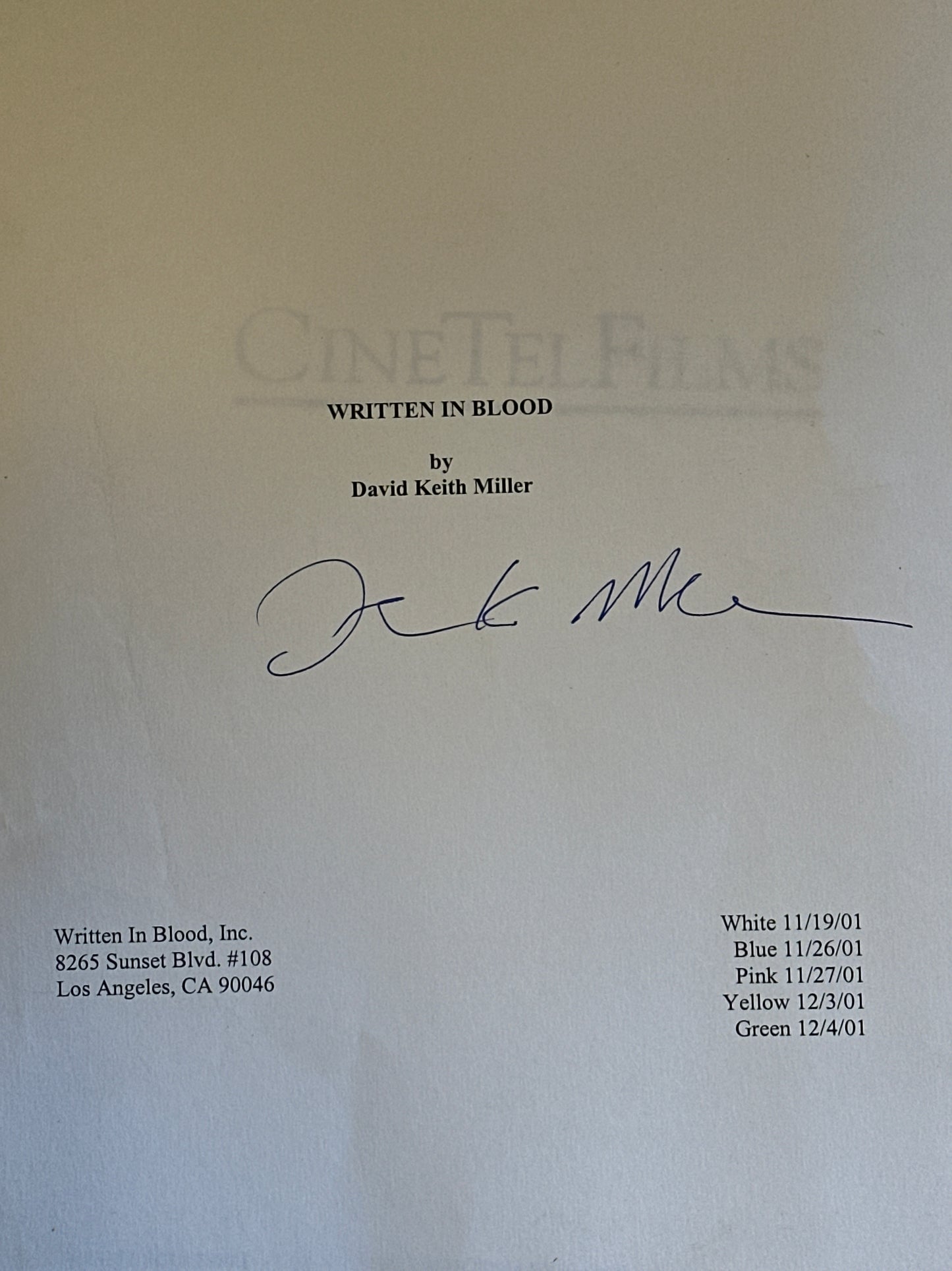 WRITTEN IN BLOOD MOVIE: Director Signed Script from The MIRAMAX Archive