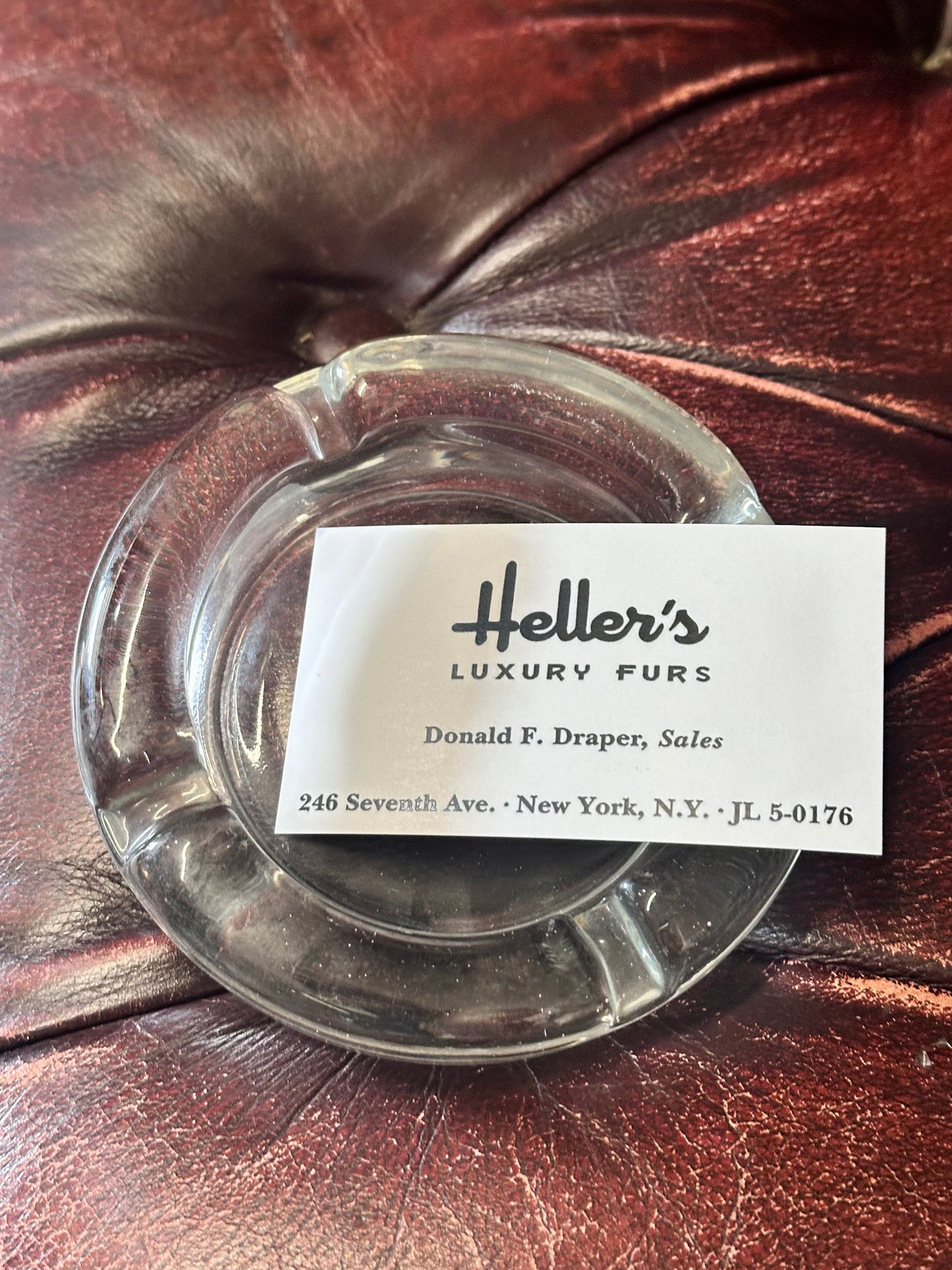 MAD MEN: Don Draper Mid Century Circular Clear Glass Ashtray and Business Card