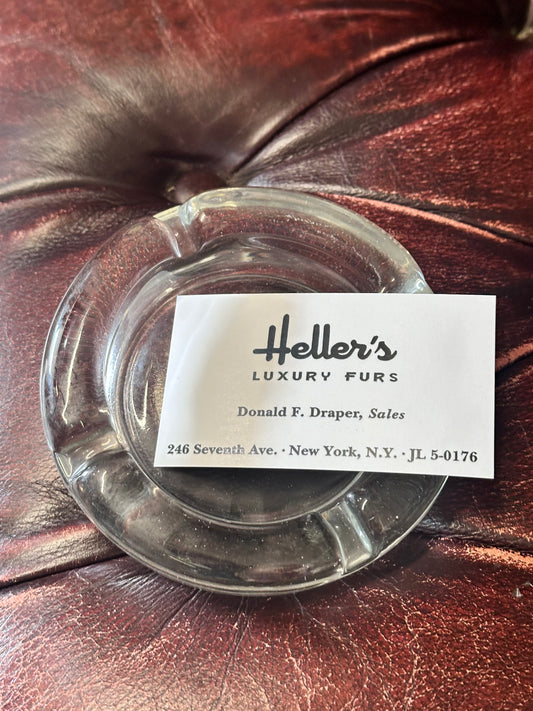 MAD MEN: Don Draper Mid Century Circular Clear Glass Ashtray and Business Card