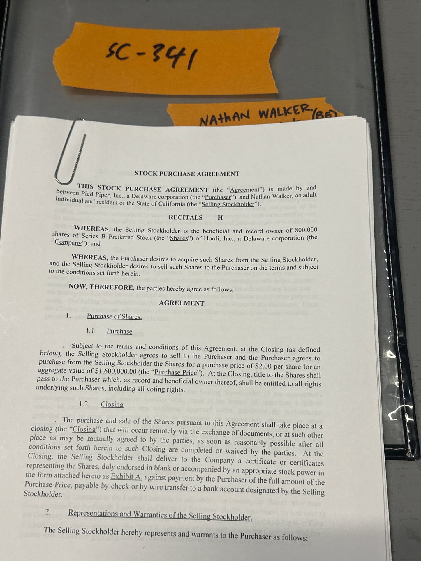 SILICON VALLEY: Nathan’s copy of Lex Skelton Stock Purchase Agreement from Hooli from Sc-341