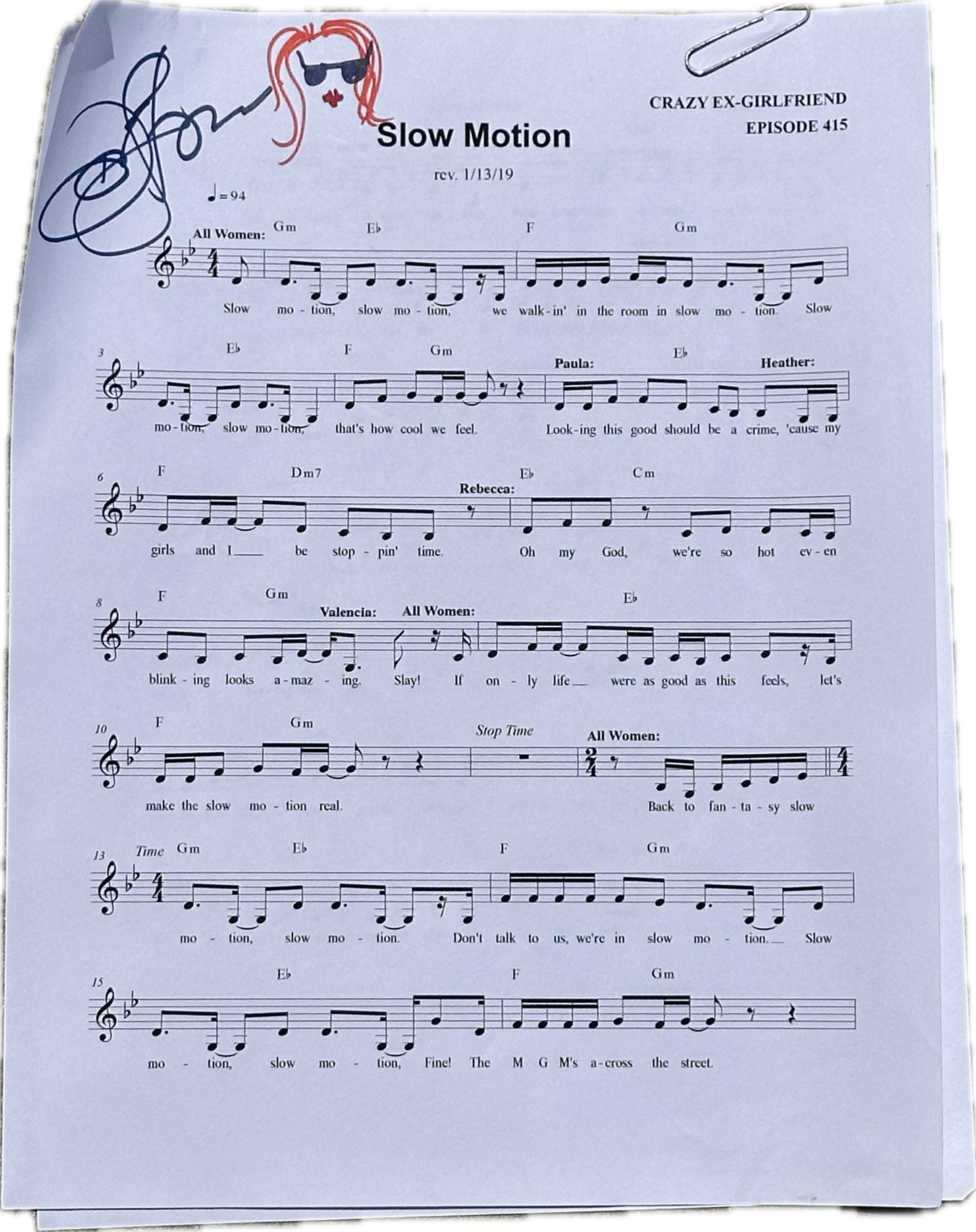 CRAZY EX GIRLFRIEND: Signed “Slow Motion” Lyrics