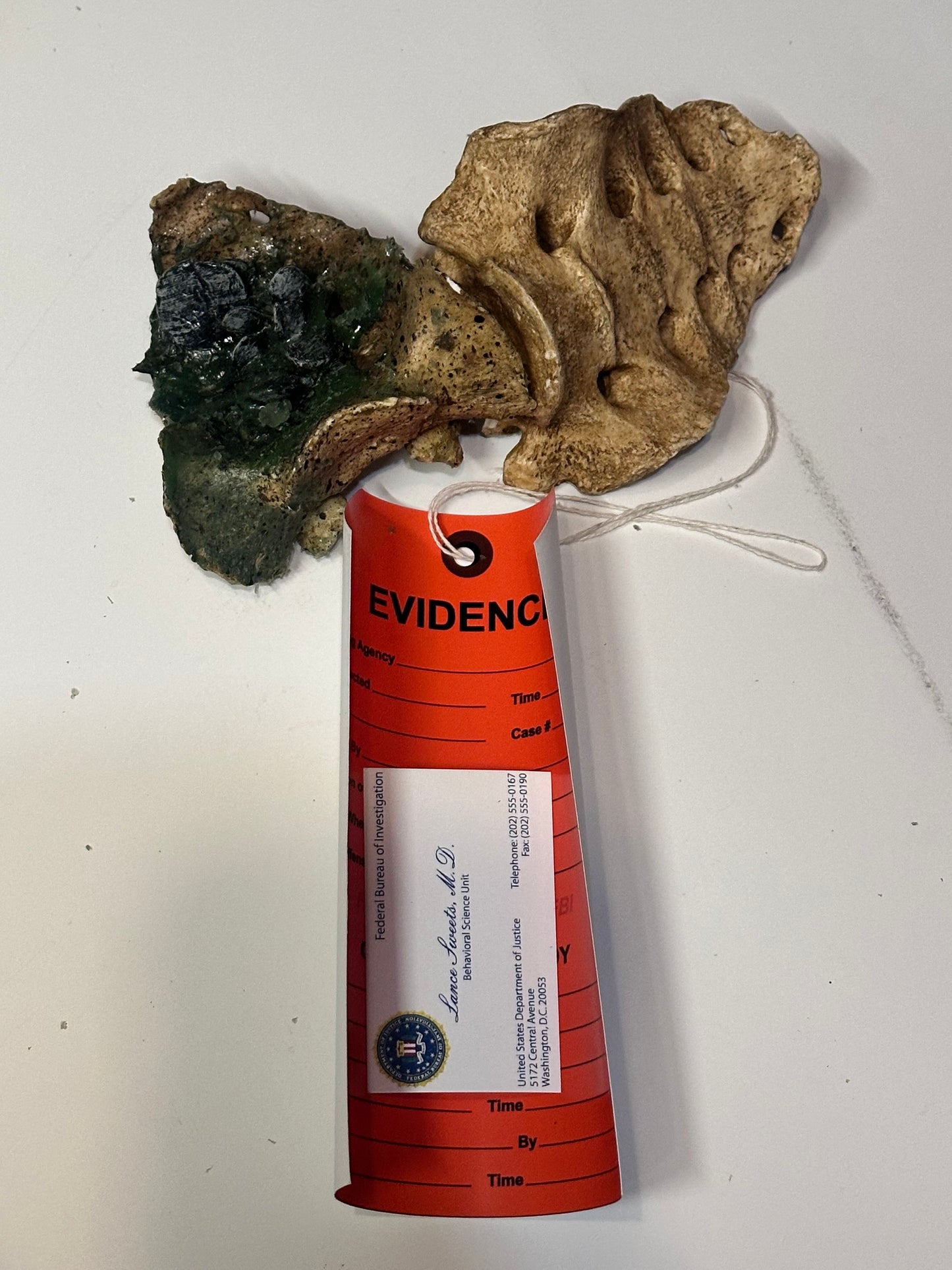 BONES: Dr Brennan's Bones Props with Evidence tag + Sweets’ business Card