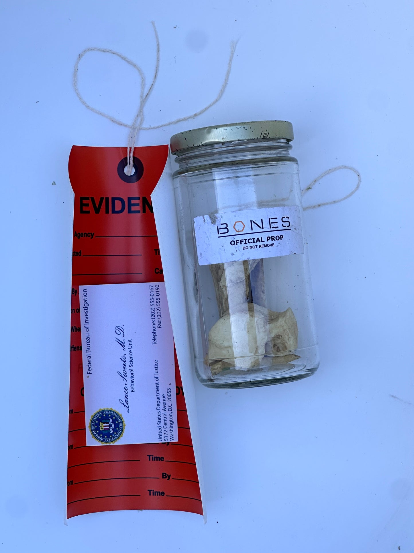 BONES: Dr Brennan's Bones Props with Evidence tag + Sweets’ business Card