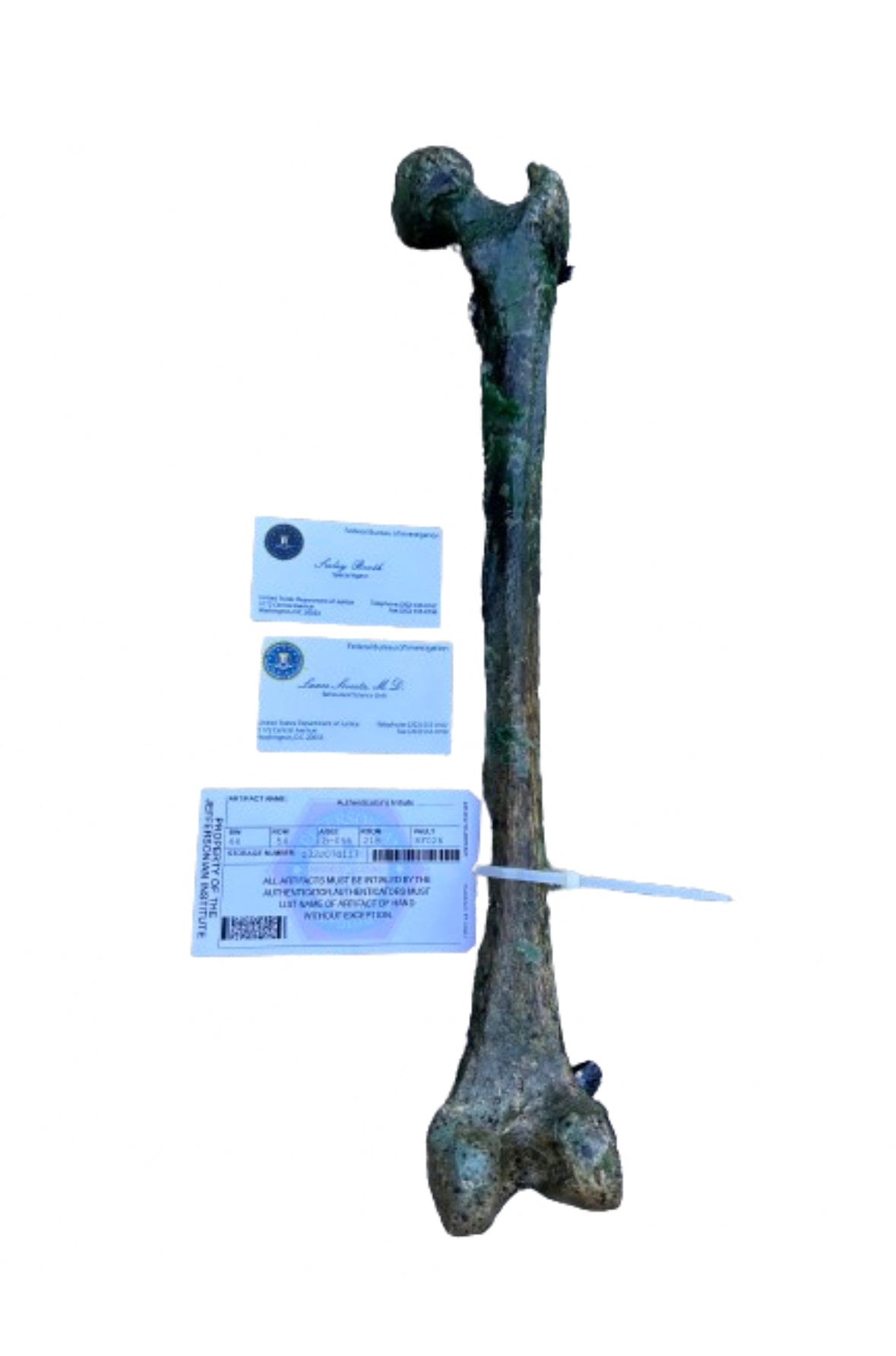 BONES: Dr. Brennan's Jeffersonian Artifact femur Bone, FBI business cards & evidence Tag