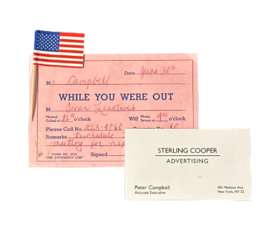 Mad Men: Pete Campbell's WHILE YOU WERE OUT SECOR LAXATIVES Hand Written Note & Business Card