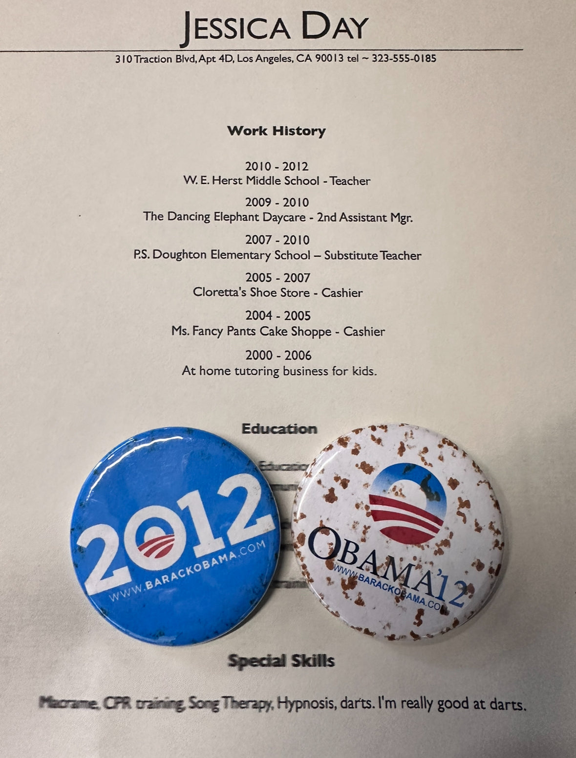 NEW GIRL: Jessica Day OBAMA Buttons with Resume Copy