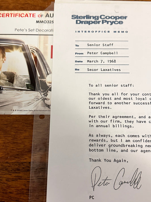 MAD MEN: Pete Campbell’s Secor Laxitives Senior Staff Letter at SCD&P