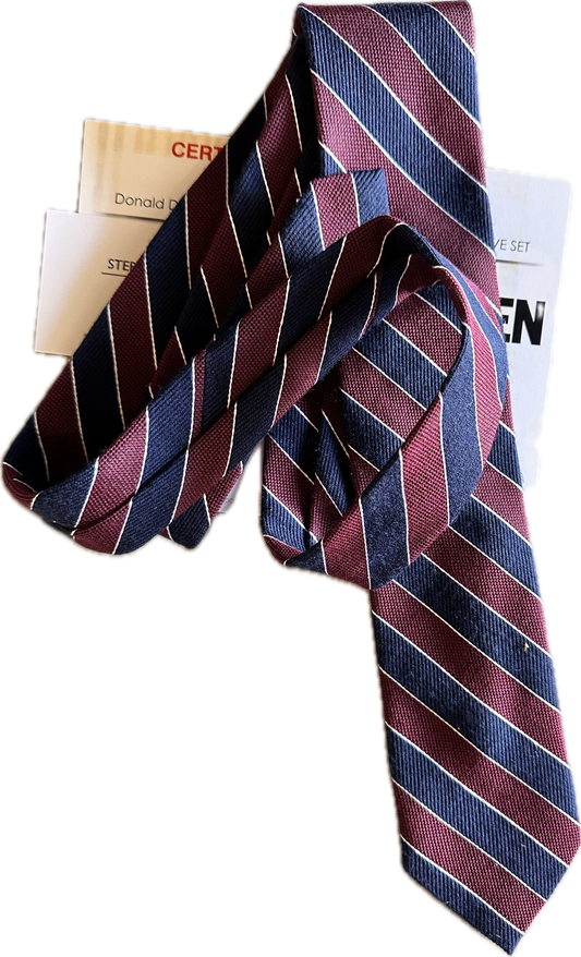 MAD MEN: Don Draper’s Mid-Century Maroon and Blue stripe Necktie and Business Cards