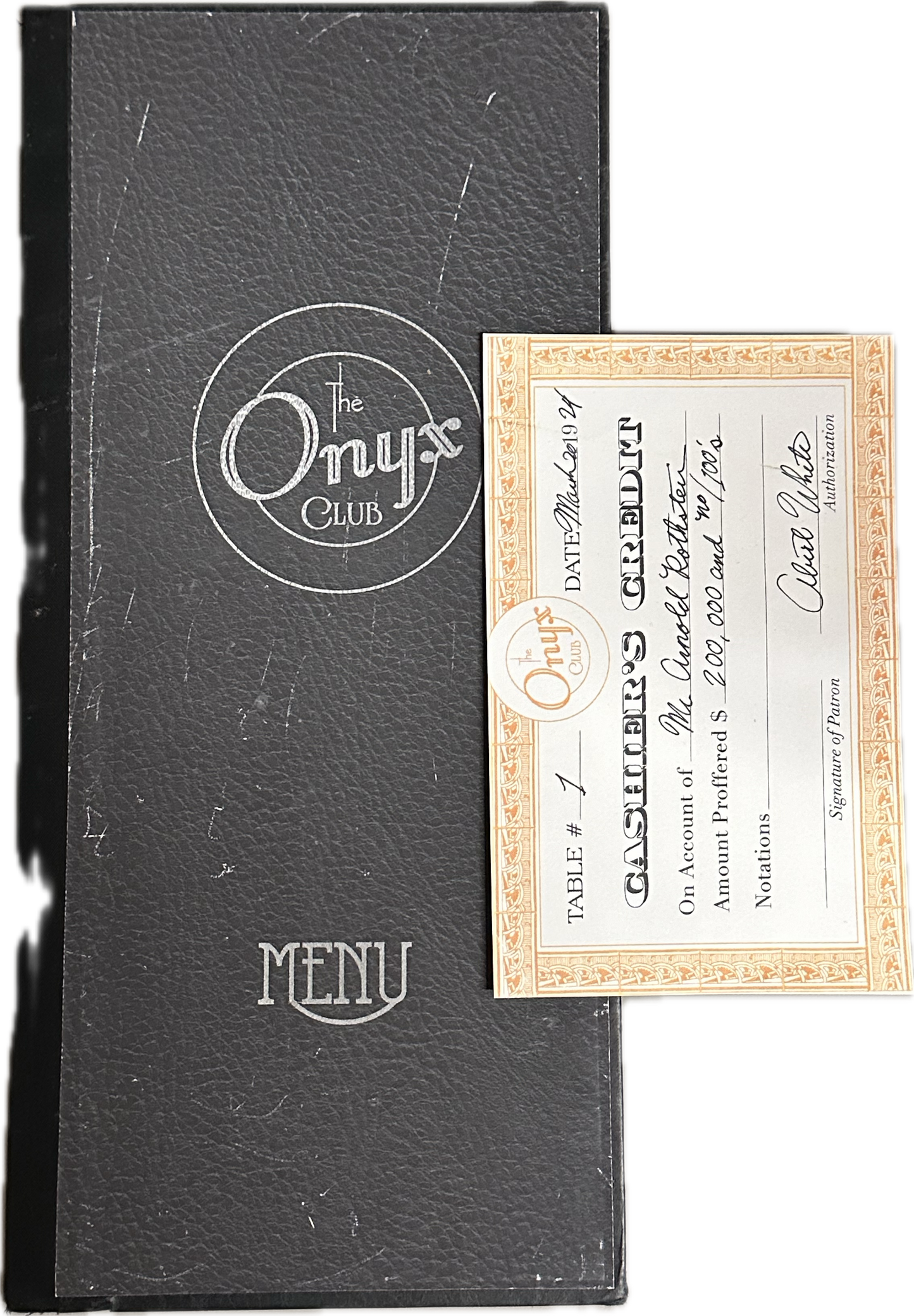 Boardwalk Empire: Arnold Rothstein HERO The Onyx Club Cashiers Check and Menu