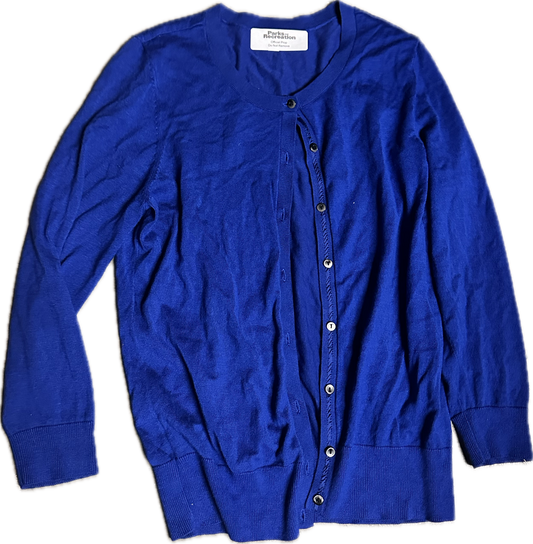 PARKS AND RECREATION: Leslie Knope's HALOGEN Blue Cardigan Sweater (M)