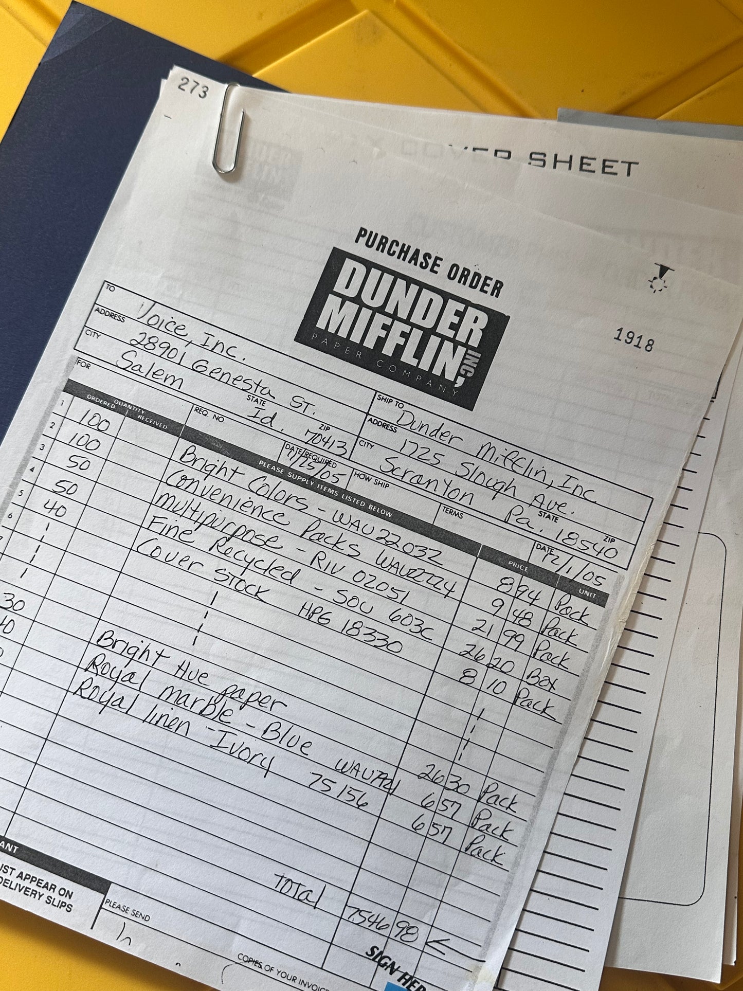 The Office: Kevin Malone's Dunder Mifflin Purchase orders for Dwight and Pam + Misc. Papers & Props