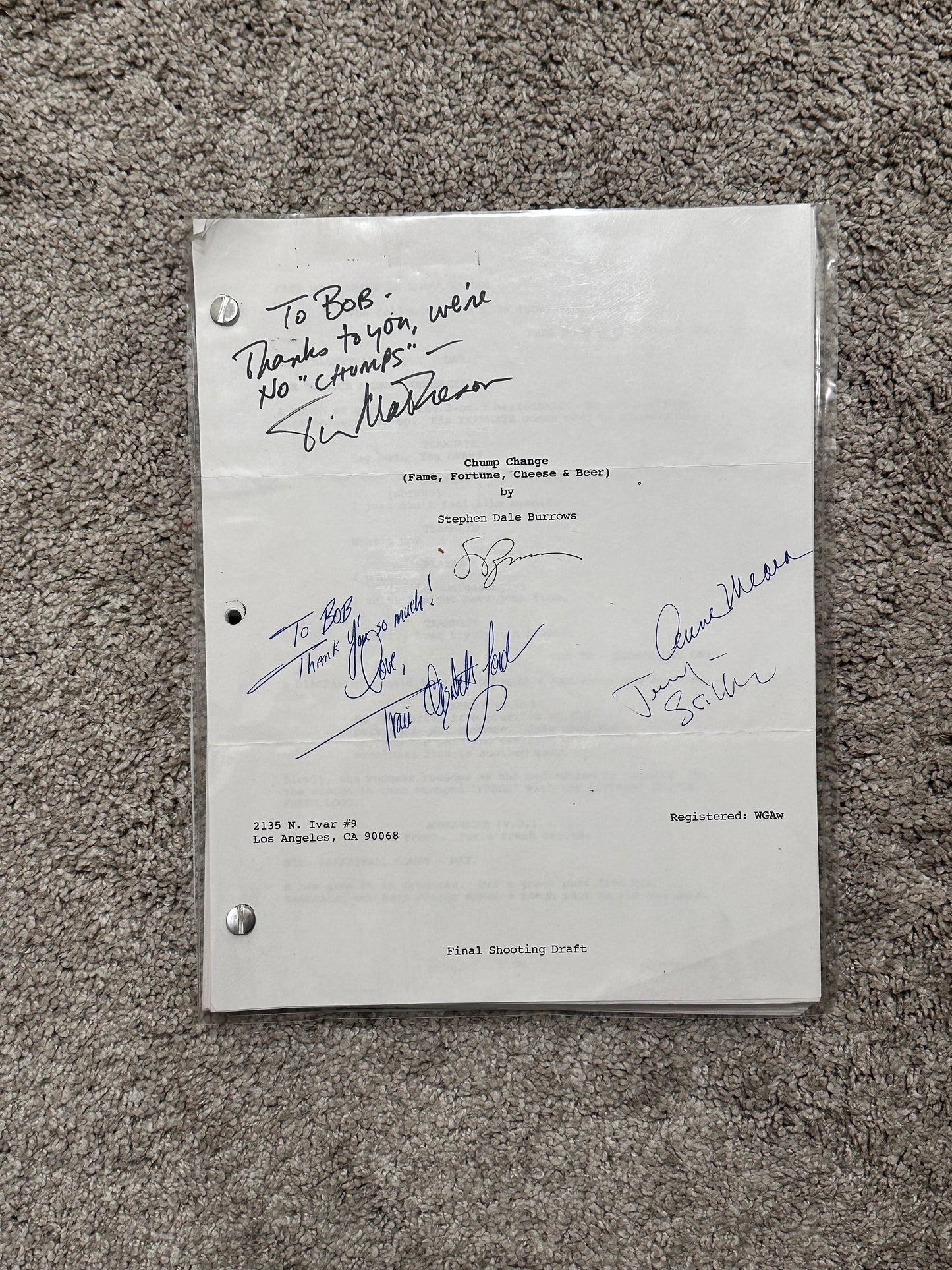 CHUMP CHANGE MOVIE: Director and Cast Signed Script from MIRAMAX Archive