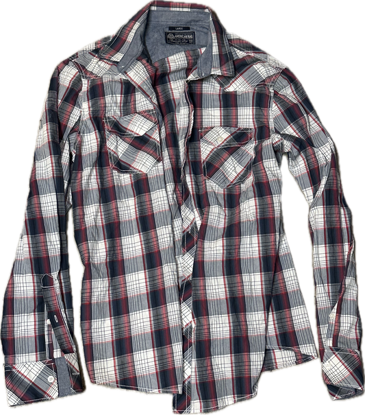 JUSTIFIED: Raylan's AMERICAN EAGLE HERO LONG-sleeve plaid button Shirt (M)