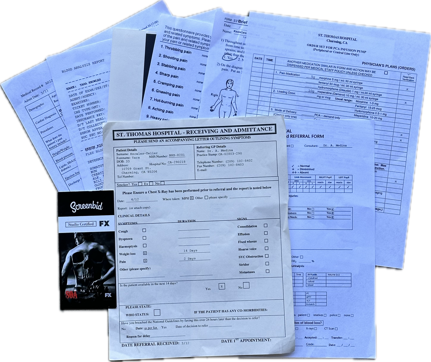 SONS OF ANARCHY: Tara Knowles HERO Hospital Admittance Paperwork and File