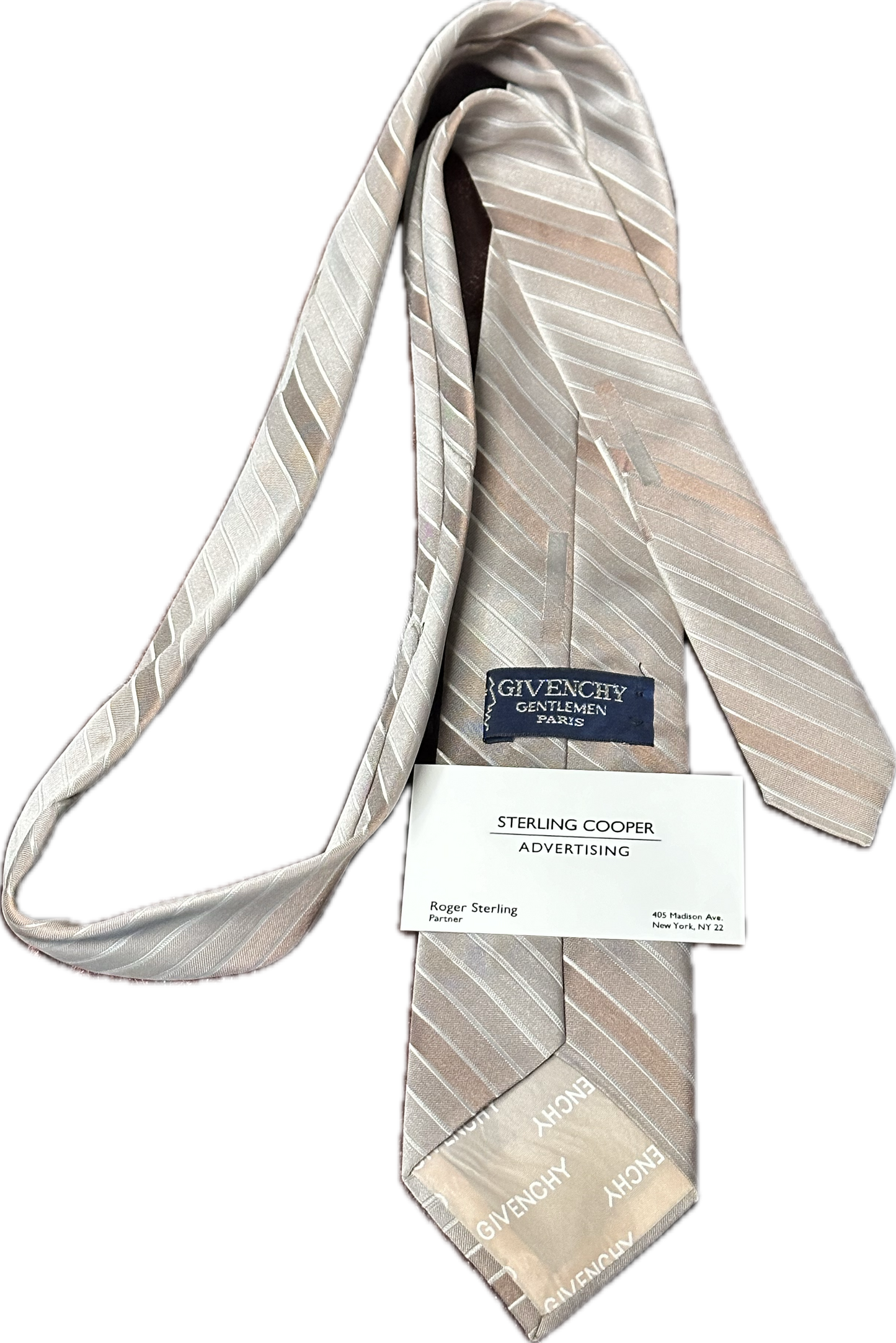 MAD MEN: Roger Sterling GIVENCHY 1960s Silver striped skinny Necktie and Business Cards