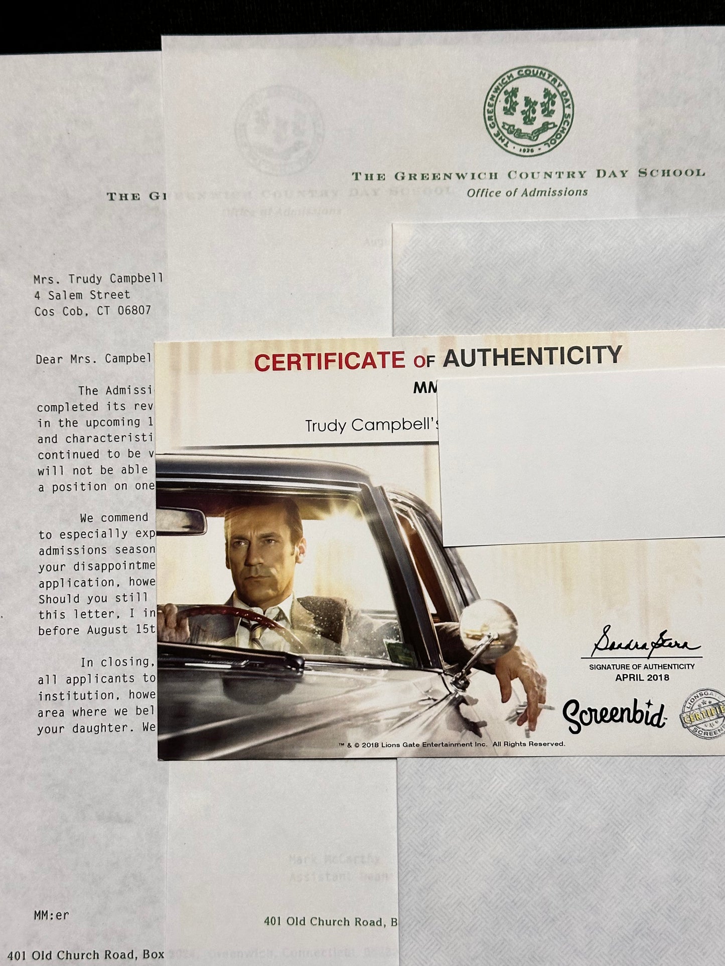 MAD MEN: Trudy Cambell's THE GREENWHICH COUNTRY DAY SCHOOL Rejection Letter for Tammy