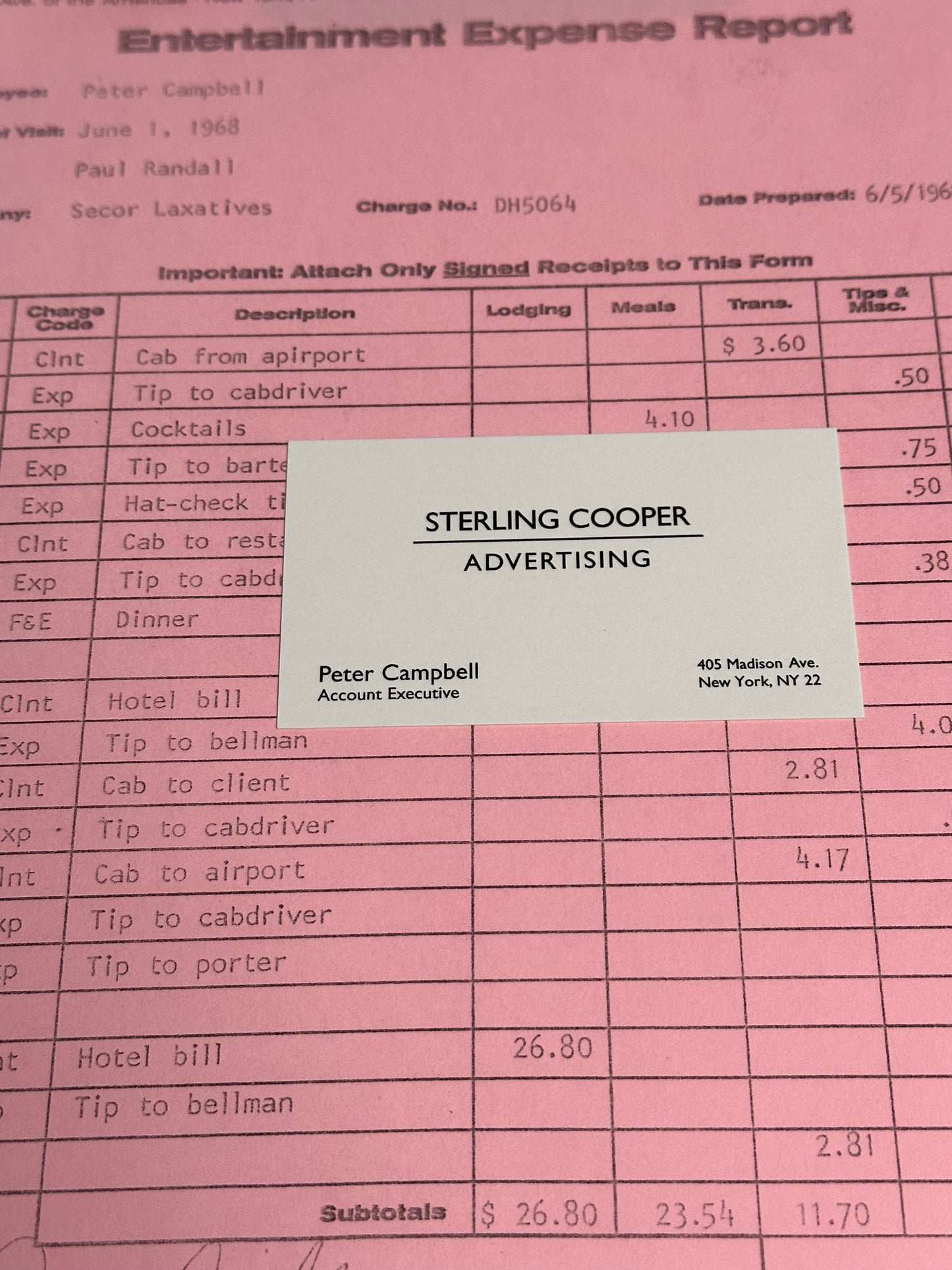 MAD MEN: Pete Campbell Sterling Cooper & Partners SECOR LAXITIVES Company Expense Report
