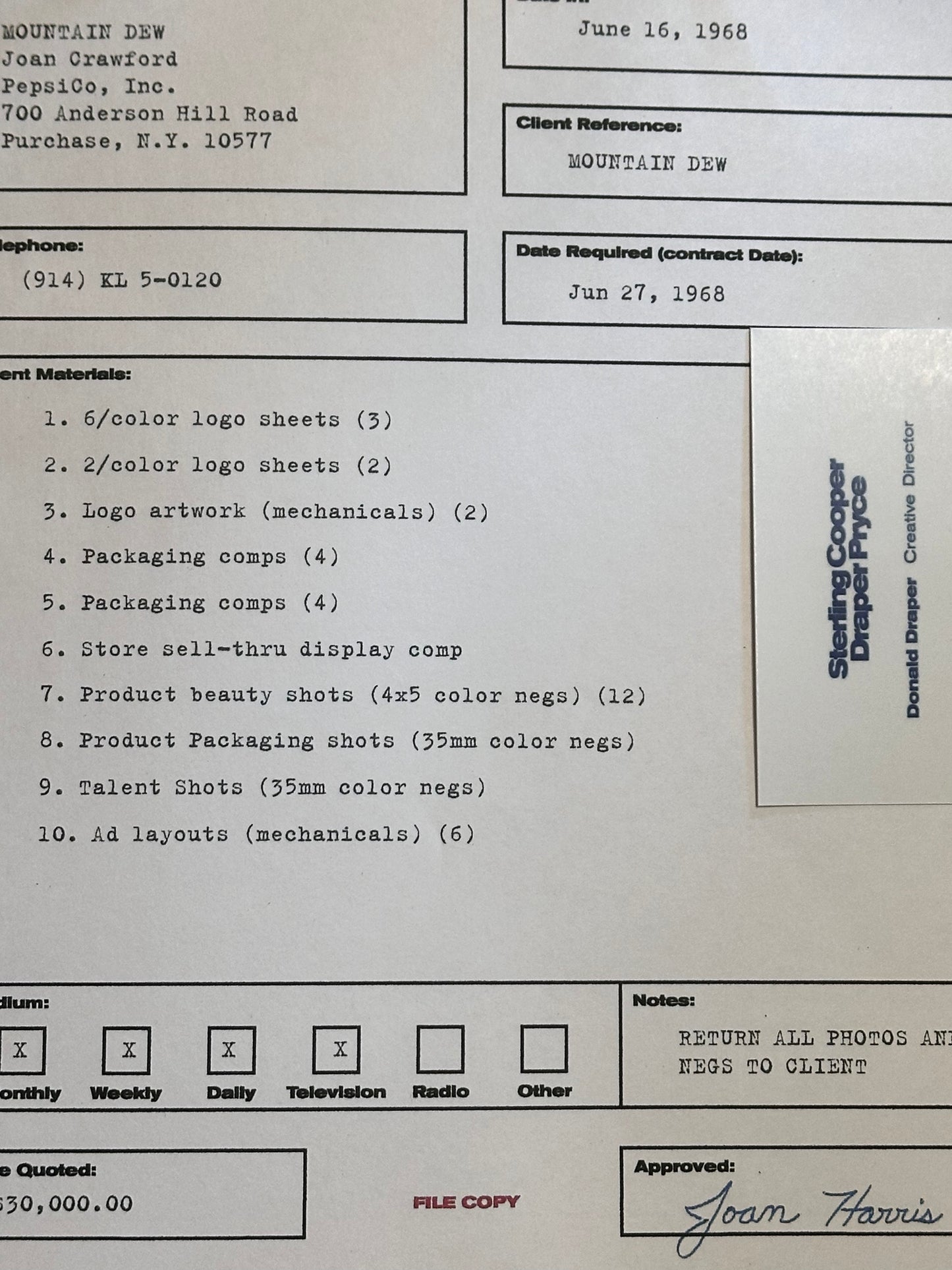 MAD MEN: Joan Harris’ PepsiCo Mountain Dew Job Sheet from June 16, 1968 with Don Business Card