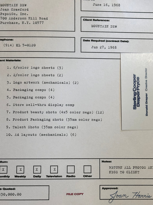 MAD MEN: Joan Harris’ PepsiCo Mountain Dew Job Sheet from June 16, 1968 with Don Business Card