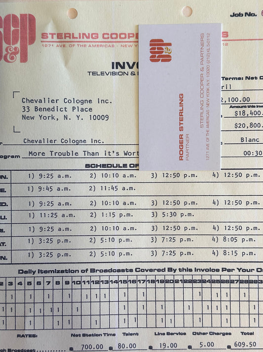 Mad Men: Harry Crane's SC&P Chevalier Cologne Job Sheet 69-1994 with Roger Sterling Business Card