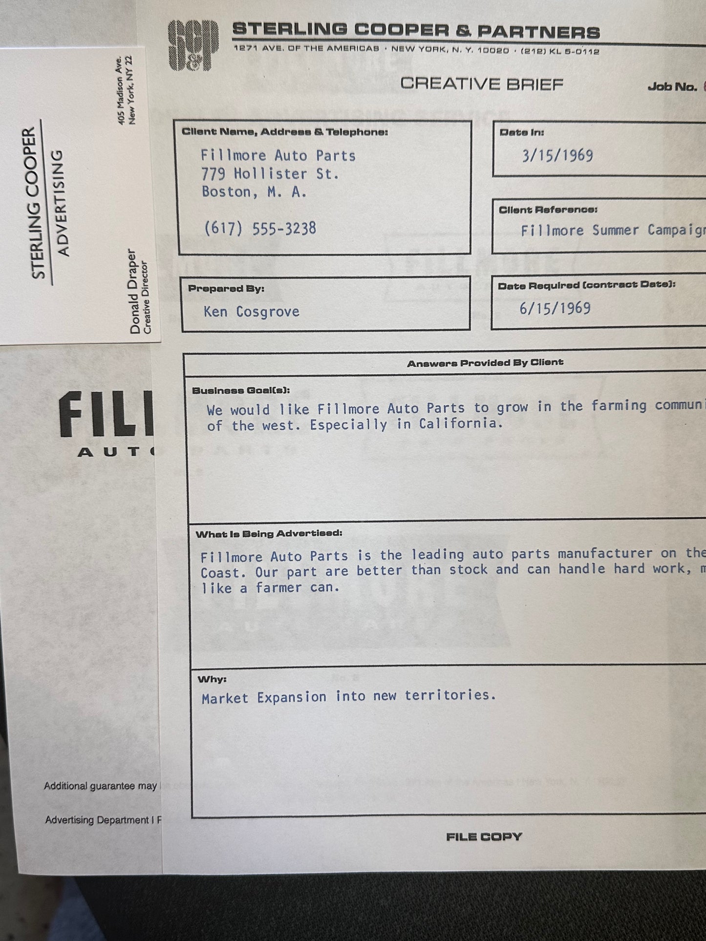 Mad Men: Ken Cosgrove Fillmore Auto Parts Creative Brief with Don Draper Business Card