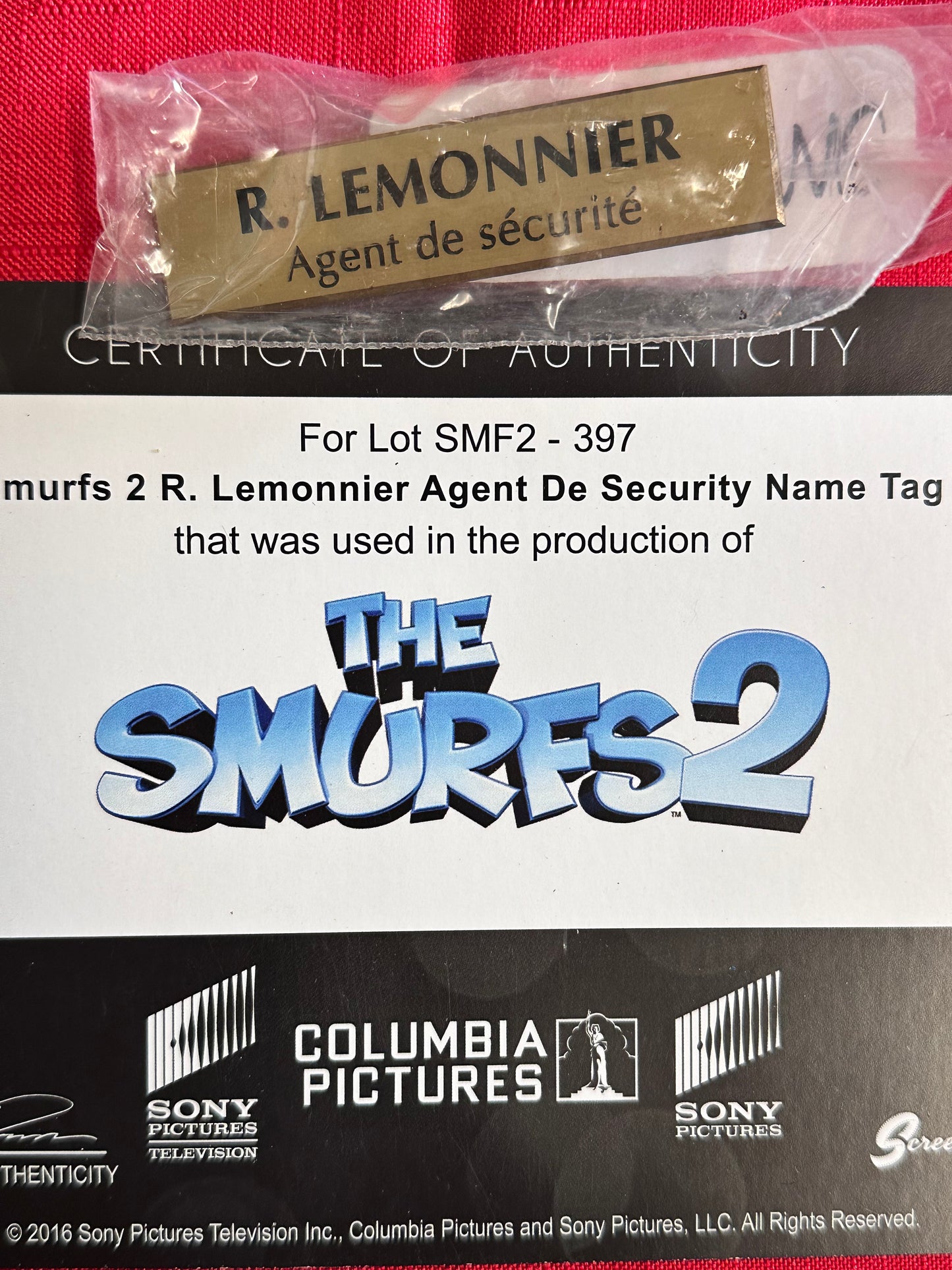 SMURFS 2 Movie: R. LEMONNIER Security Agent Nametag