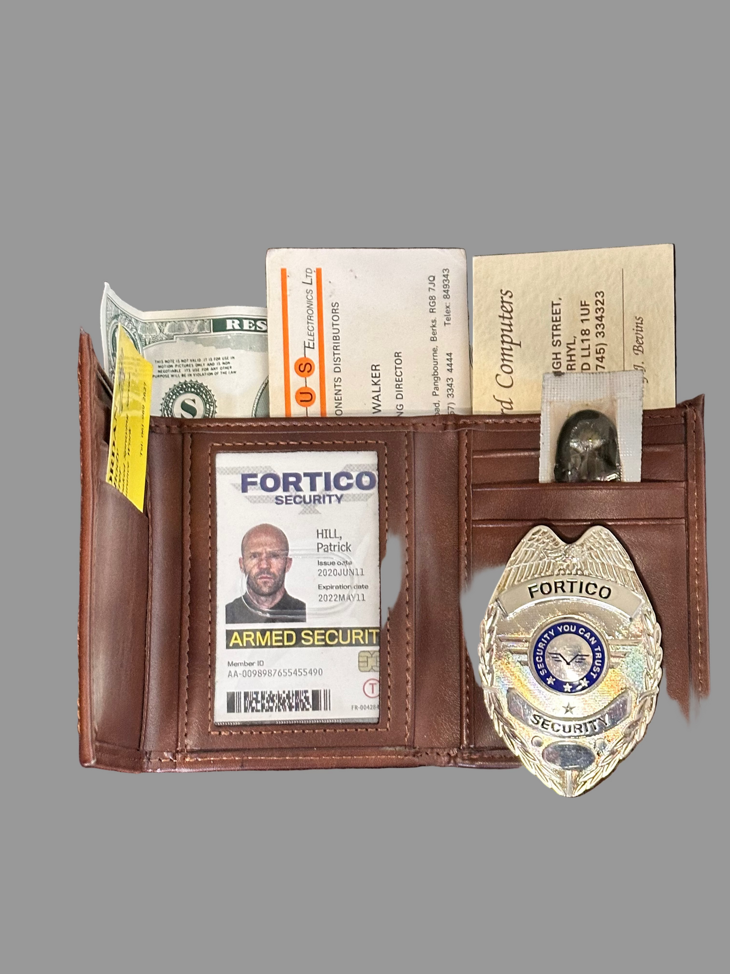 WRATH OF MAN: “H” HERO Wallet, Fortico ID/Badge, Business Cards and $100 Motion Picture Money